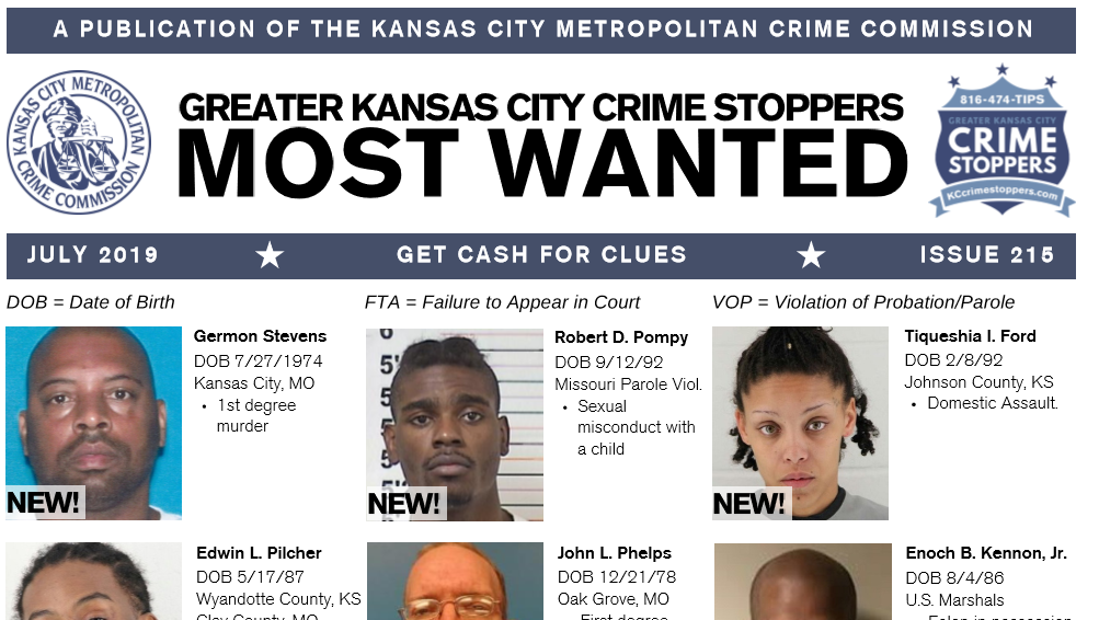 Greater Kansas City Crime Stoppers Most Wanted for July