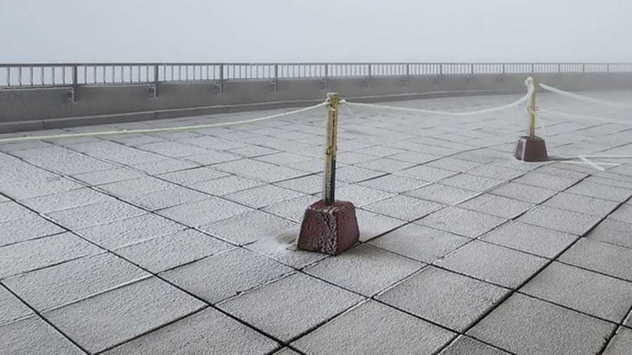 Icy conditions at the summit of Mount Washington in New Hampshire on June 18, 2022.