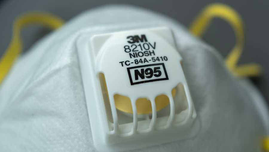 Close-up of N95 respirator mask during an outbreak of COVID-19 coronavirus, San Francisco, California, March 30, 2020.