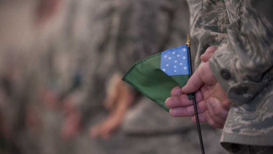 Soldier holds flag of the Green Mountain Boys