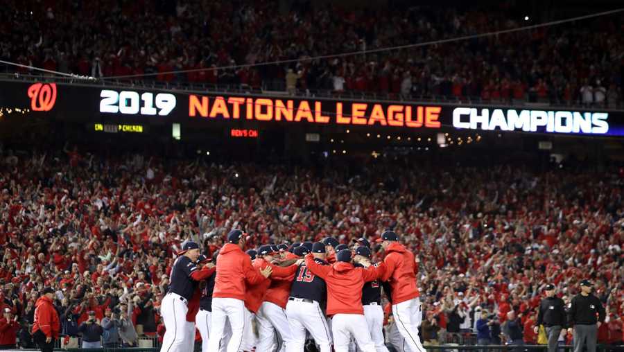 The Washington Nationals celebrate winning game four and the National League Championship Series against the St. Louis Cardinals at Nationals Park on October 15, 2019 in Washington, DC. 