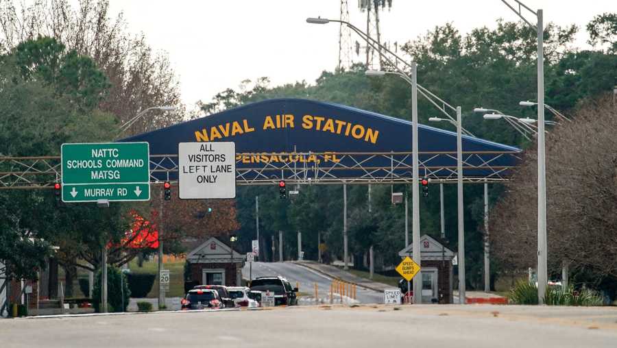 pensacola, florida december 06 a general view of the atmosphere at the pensacola naval air station main gate following a shooting on december 06, 2019 in pensacola, florida the second shooting on a us naval base in a week has left three dead plus the suspect and seven people wounded  photo by josh brastedgetty images