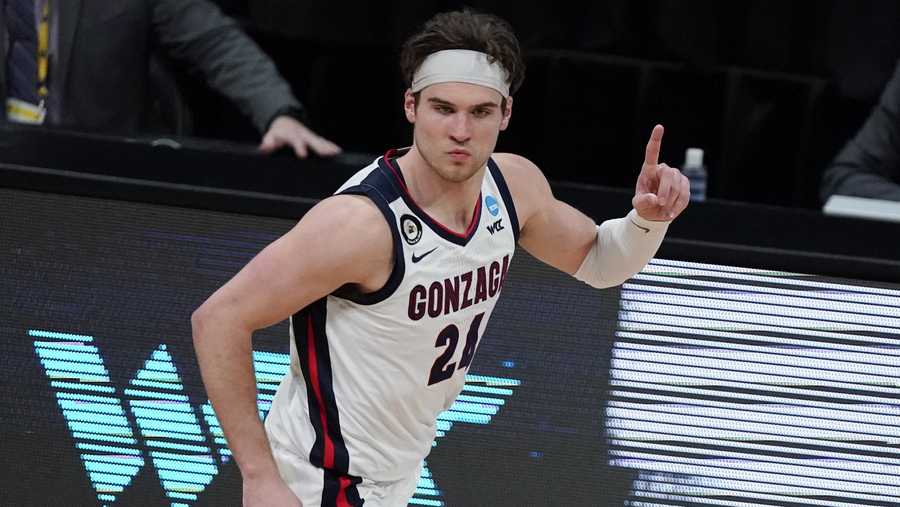 Gonzaga forward Corey Kispert (24) celebrates after scoring during the second half of an Elite 8 game against Southern California in the NCAA men's college basketball tournament at Lucas Oil Stadium, Tuesday, March 30, 2021, in Indianapolis.