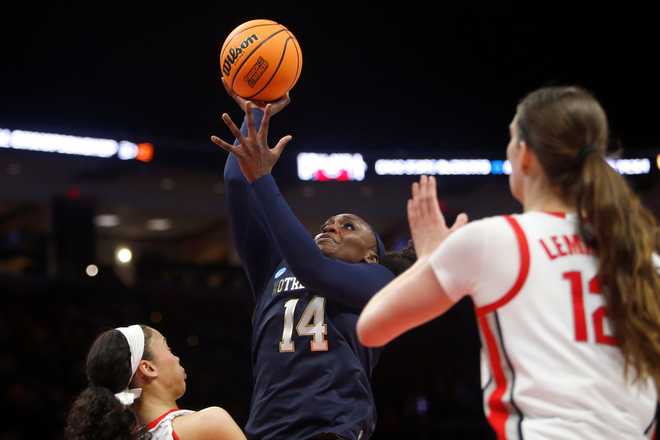 Notre Dame guard KK Bransford (14) looks to shoot against Ohio State during the second half in the second round of the NCAA college basketball tournament, Monday, March 23, 2026, in Columbus, Ohio.