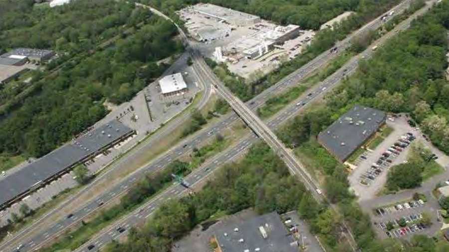 This MassDOT overhead photo shows the Dedham Street interchange in Canton, Mass.   Officials plan to build a new exit to the street from the northbound side of Interstate 95.
