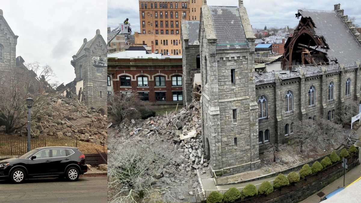 Stone steeple of historic New London, Connecticut, church collapses