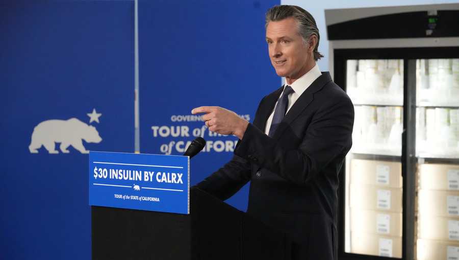 California Gov. Gavin Newsom announces a partnership with Civica Rx, a non-for-profit pharmaceutical company intended to manufacture insulin for the State of California&apos;s CalRx Biosimilar Insulin Initiative, at a dramatically lower cost, during a visit to a Kaiser Permanente warehouse in Downey, Calif., on Saturday, March 18, 2023. (AP Photo/Damian Dovarganes)