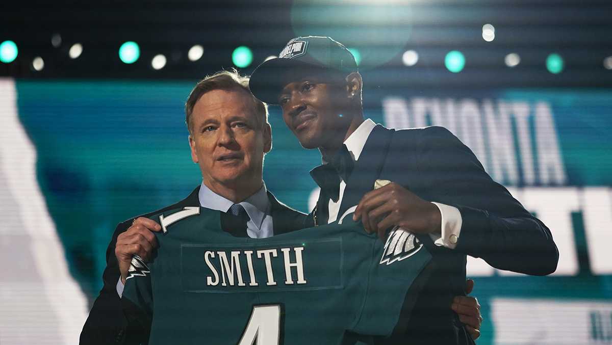 Philadelphia Eagles wide receiver Devonta Smith scores a touchdown