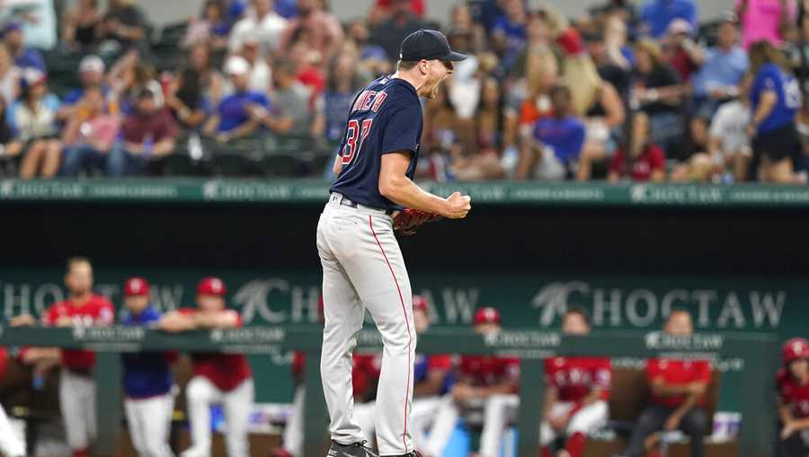 Boston Red Sox starting pitcher Nick Pivetta reacts after striking out Texas Rangers Corey Seager to end the sixth inning of a baseball game in Arlington, Texas, Friday, May 13, 2022. (AP Photo/LM Otero)