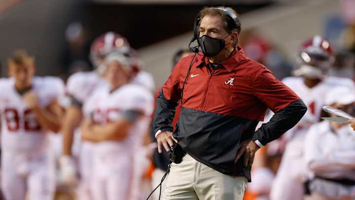 FILE - Head Coach Nick Saban of the Alabama Crimson Tide watches a play from the sideline against the Tennessee Volunteers at Neyland Stadium on October 24, 2020 in Knoxville, Tennessee.