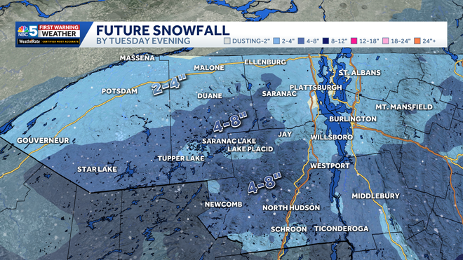 Total de nieve en NNY y Champlain Valley para el 2 de diciembre