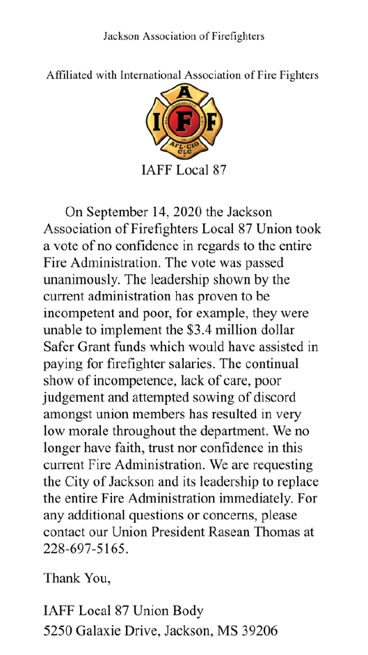 Jackson firefighters union votes no confidence in current leadership