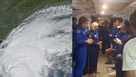 In this image released by the National Oceanic and Atmospheric Administration, a NOAA crew on a reconnaissance flight, Tuesday, Oct. 8, 2024, into the eye of Hurricane Milton in the Gulf of Mexico, gather before dropping a package containing the ashes of Peter Dodge, an award-winning scientist who made almost 400 hundreds flight into the eyes of hurricanes, as a lasting tribute to the longtime radar specialist and researcher. (Sim Aberson/NOAA via AP)