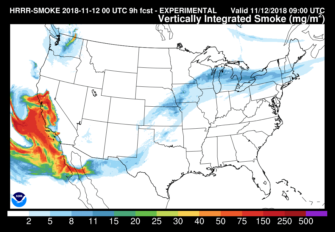 Smoke Plume From California Fires Reaches Massachusetts   Noaa Smoke Map Png 1542027919 