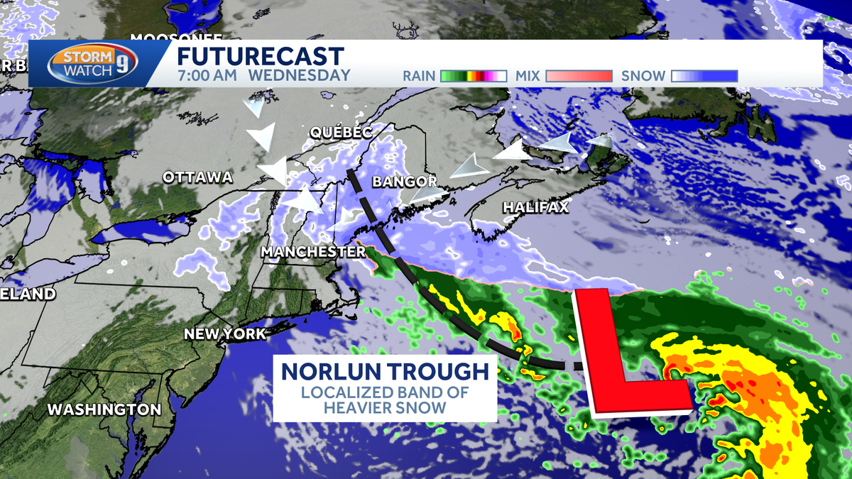 Norlun Trough may bring heavier snow to northern New England Tuesday