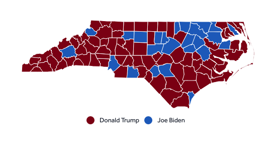 Map shows how North Carolina counties voted in the 2020 presidential election.