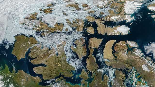 A satellite image shows the Northwest Passage with a nearly ice-free route on Aug. 9, 2016.