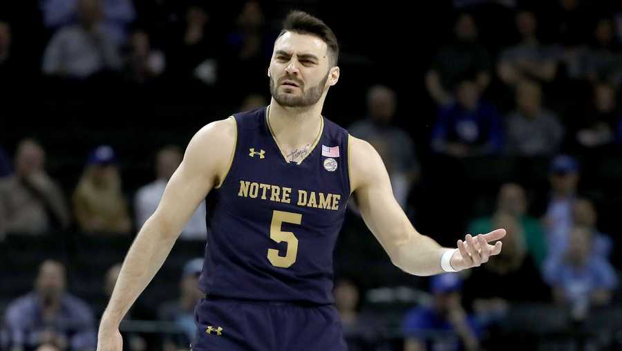  Matt Farrell #5 of the Notre Dame Fighting Irish reacts in the first half against the Duke Blue Devils during the quarterfinals of the ACC Men's Basketball Tournament at Barclays Center on March 8, 2018 in the Brooklyn borough of New York City.