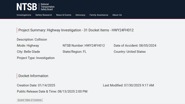 NTSB releases factual findings of 2024 Belle Glade crash that