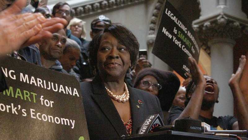 Assembly member Crystal Peoples-Stokes, a Democrat who represents Buffalo, speaks at a rally for marijuana legalization at the New York State Capitol in Albany on Tuesday, Jan. 28, 2020. New York could have one of the most lenient marijuana possession thresholds in the nation if an alternative legalization proposal is passed this session.