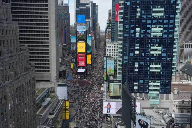 People take part in a "No Kings" protest Saturday, March 28, 2026, in New York.