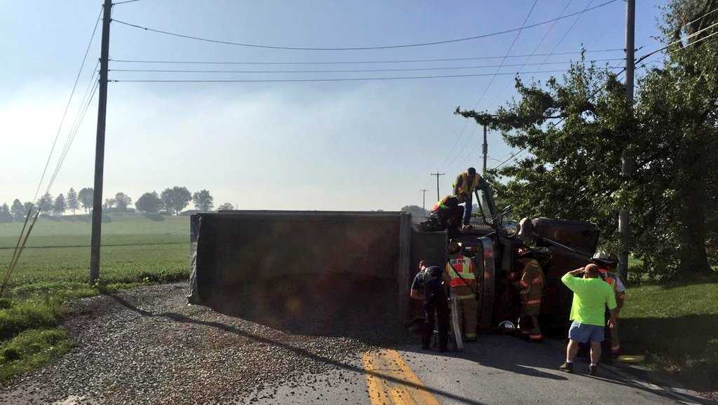 Dump truck overturns on York County road