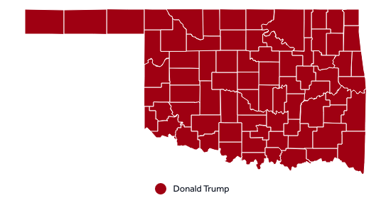 Map shows how Oklahoma counties voted for president in 2020 election.