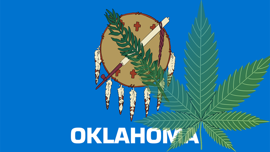 Flag of Oklahoma with a marijuana leaf superimposed