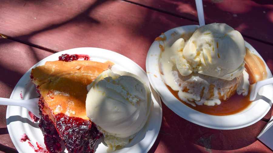 a slice of olallieberry pie and an apple dumpling from gizdich ranch in watsonville, calif.