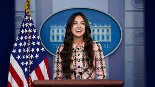 Teen pop star Olivia Rodrigo speaks at the beginning of the daily briefing at the White House in Washington, Wednesday, July 14, 2021.