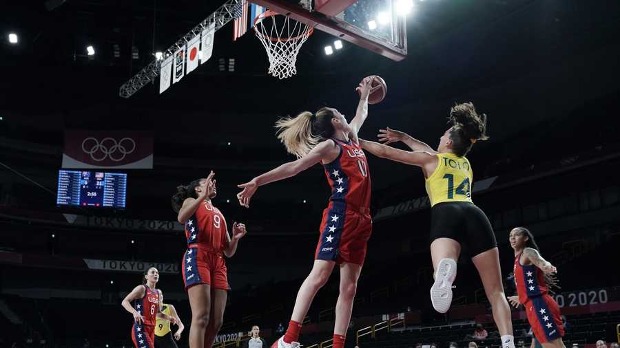 Australia's Marianna Tolo (14) is blocked by United States's Breanna Stewart (10) during a women's basketball quarterfinal game at the 2020 Summer Olympics, Wednesday, Aug. 4, 2021, in Saitama, Japan.