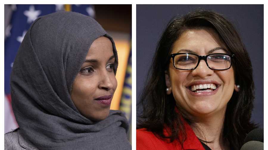 This combination of 2018 photos shows Reps.-elect Ilhan Omar, D-Minn., left, and Rashida Tlaib, D-Mich., in Washington.