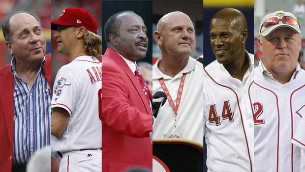 From left to right: Johnny Bench, Bronson Arroyo, Joe Morgan, Ron Oester, Eric Davis and Tom Browning 
