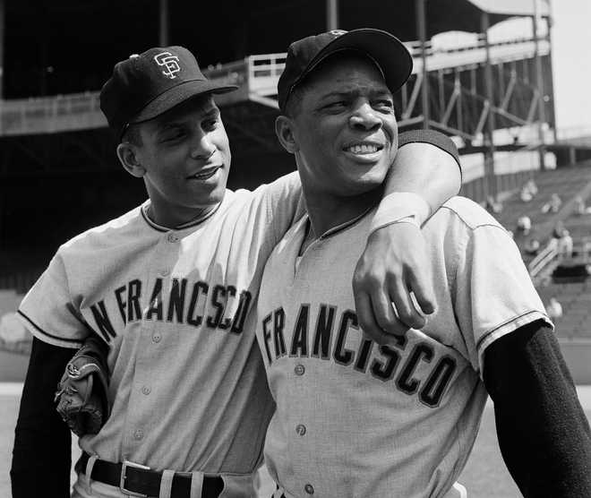 Orlando Cepeda and Willie Mays of the San Francisco Giants are seen here before a game. played for the New York Mets on September 11, 1963 at the Polo Grounds in New York, New York.