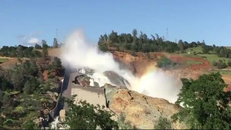  Water flows down the damaged main spillway at Lake Oroville on Tuesday, April 18, 2017.