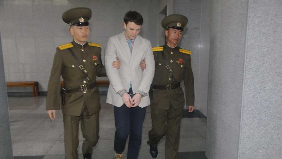 Otto Frederick Warmbier arrives for his trial in Pyongyang, capital of the Democratic People's Republic of Korea, on March 16, 2015.