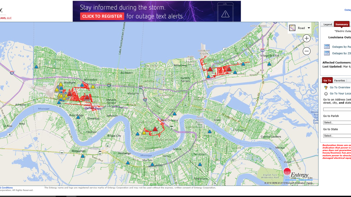 Thousands without power in Orleans, Jefferson Parishes