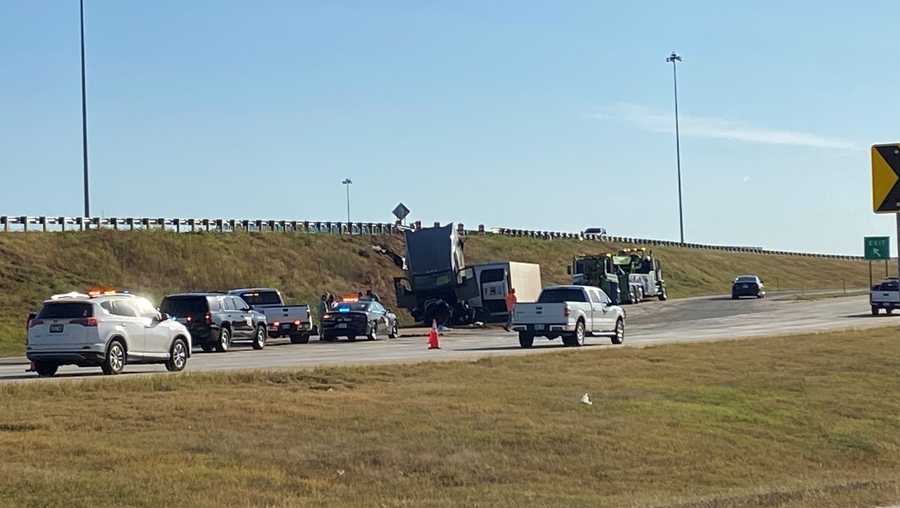 An overturned semi eastbound at the I-35 northbound ramp Saturday