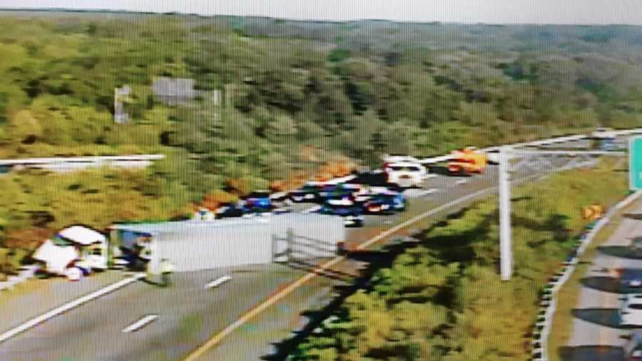 Overturned tractor trailer on Route 100