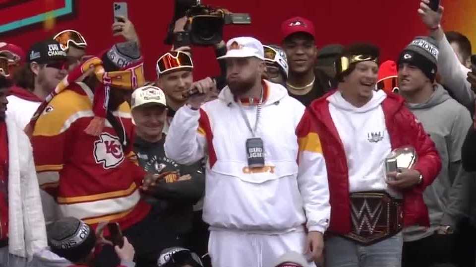 Kansas City Chiefs' Travis Kelce, in WWE belt, gives intense victory speech