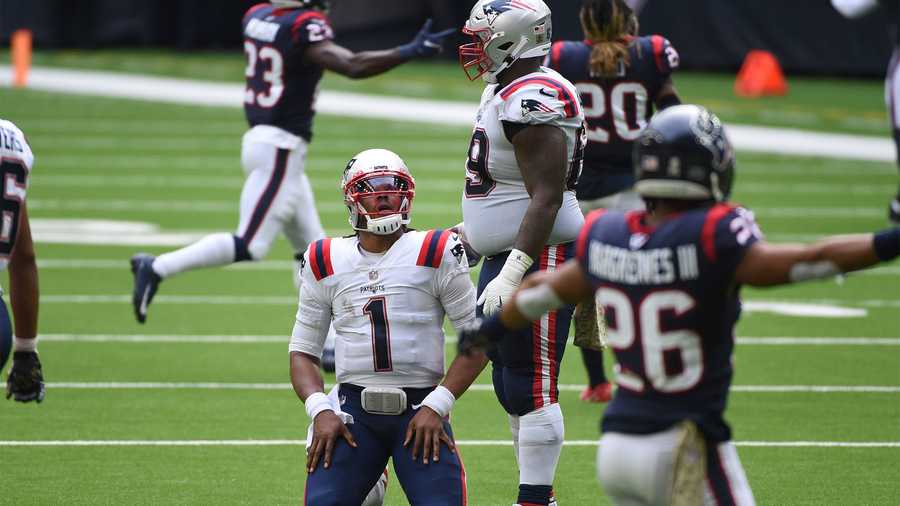 New England Patriots quarterback Cam Newton (1) reacts after failing to complete a pass on fourth down during the second half of an NFL football game against the Houston Texans, Sunday, Nov. 22, 2020, in Houston. (AP Photo/Eric Christian Smith)