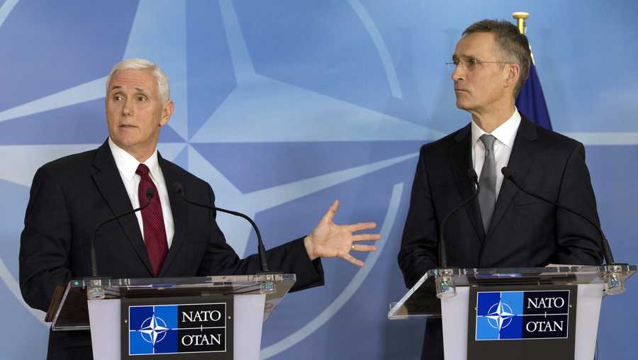 United States Vice President Mike Pence, left, and NATO Secretary General Jens Stoltenberg address a media conference at NATO headquarters in Brussels on Monday, Feb. 20, 2017.