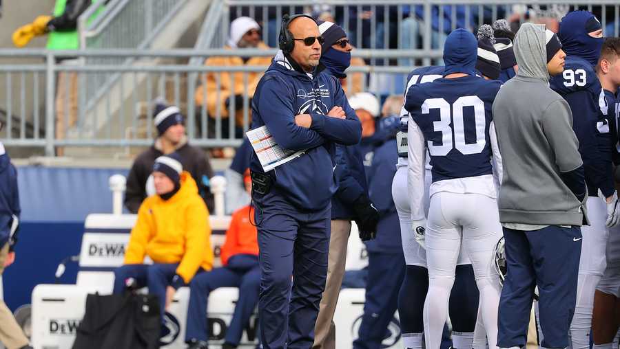 UNIVERSITY PARK, PA - NOVEMBER 20:  Penn State Nittany Lions head coach James Franklin during the college football game between the Penn State Nittany Lions and the Rutgers Scarlet Knights on November 20, 2021 at Beaver Stadium in University Park,PA.  (Photo by Rich Graessle/Icon Sportswire via Getty Images)