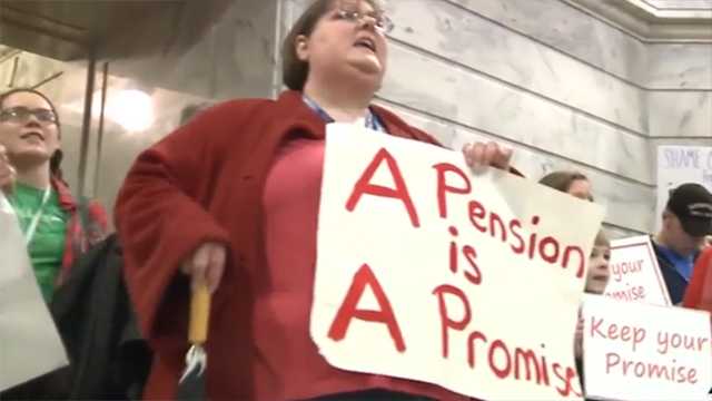 People protested in Kentucky after state lawmakers passed a measure to make changes to teacher pensions.