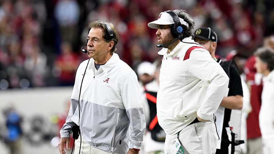 Alabama Crimson Tide head coach Nick Saban and defensive coordinator Pete Golding look on during the Alabama Crimson Tide versus the Georgia Bulldogs in the College Football Playoff National Championship, on January 10, 2022, at Lucas Oil Stadium in Indianapolis, IN.