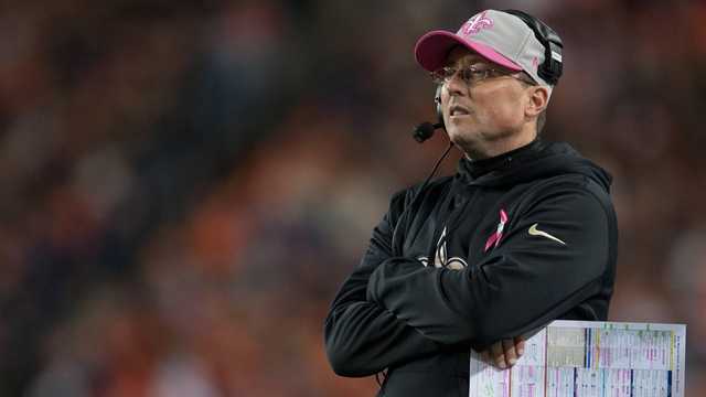 New Orleans, USA. August 13, 2023: New Orleans Saints Offensive Coordinator  Pete Carmichael looks up at the video board for a replay during NFL  pre-season game action between the New Orleans Saints