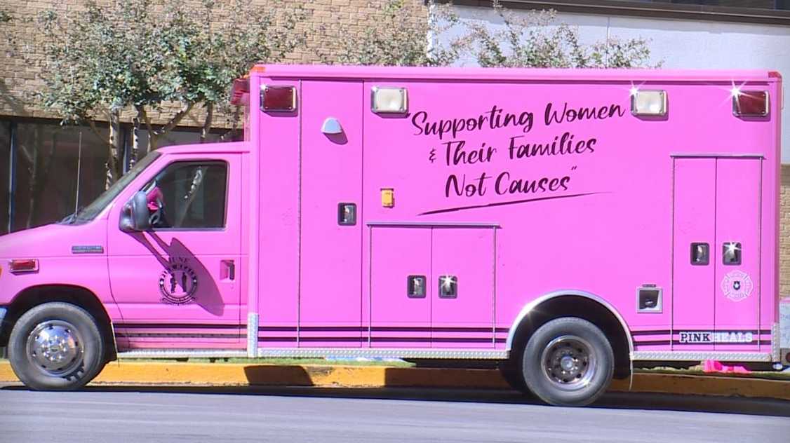 Pink fire truck on display in support of Breast Cancer Awareness Month