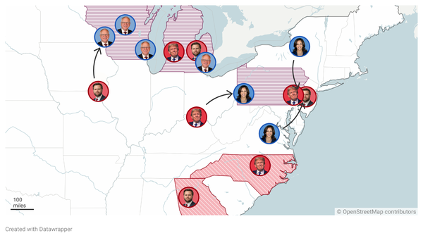 this is a map showing where the presidential candidates held public events on november 4, 2024.