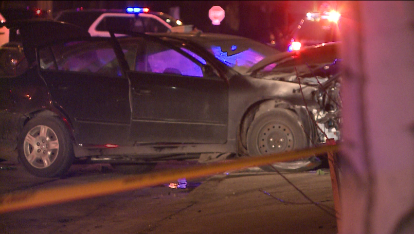 Police chase ends with car crash into building