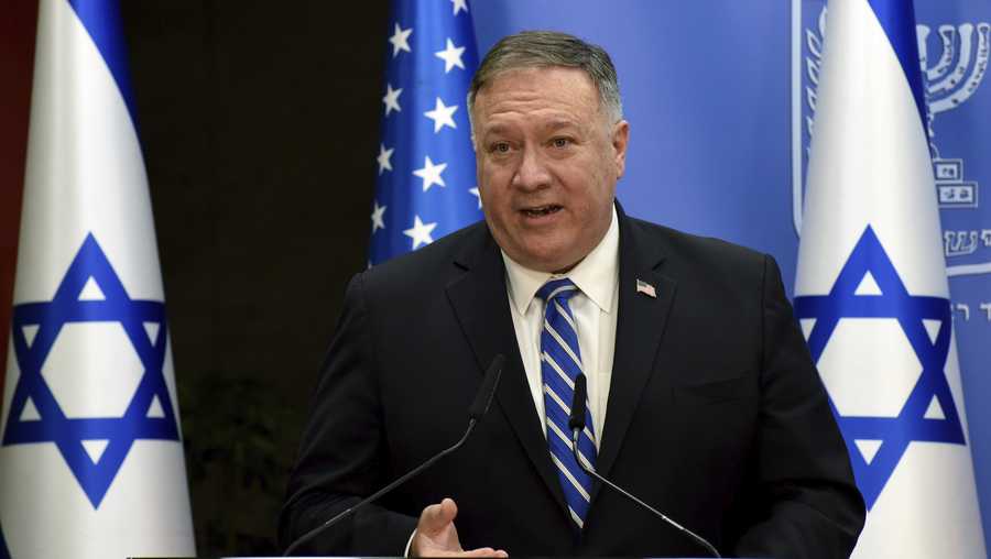 U.S. Secretary of State Mike Pompeo speaks during a joint statement to the press with Israeli Prime Minister Benjamin Netanyahu after their meeting, in Jerusalem, Monday, Aug. 24, 2020.